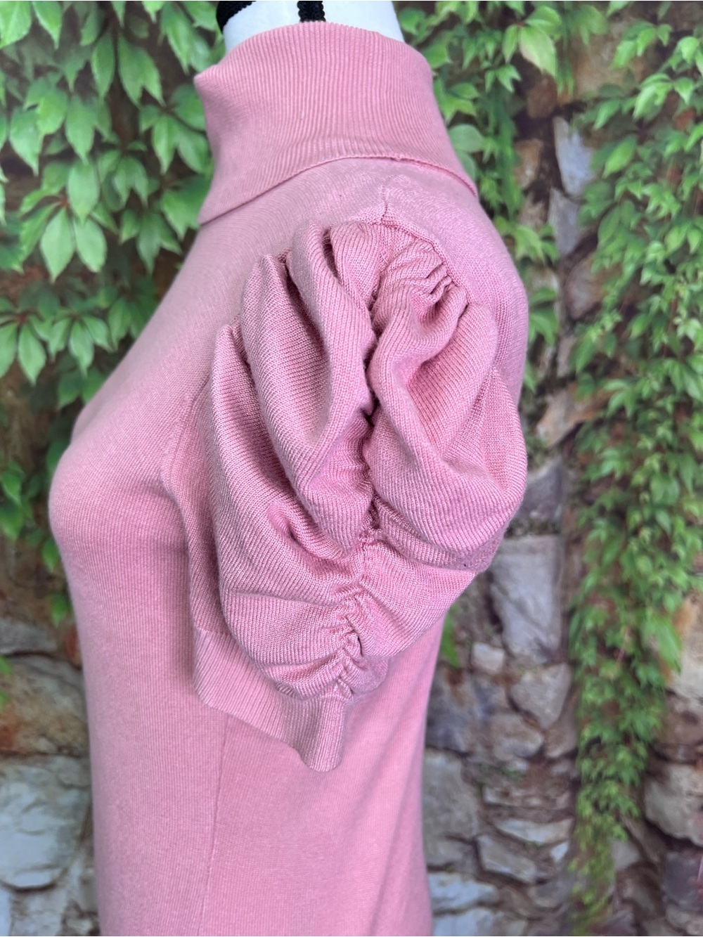 80 PARK Pink Turtleneck Ruched Puffy Short Sleeve Fitted Cottagecore Sweater, S - Picture 5 of 10